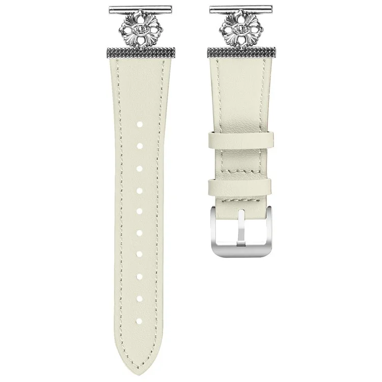 For Honor MagicWatch 2 42mm Watch Band Genuine Cow Leather Flower Decor Adjustable Strap - White