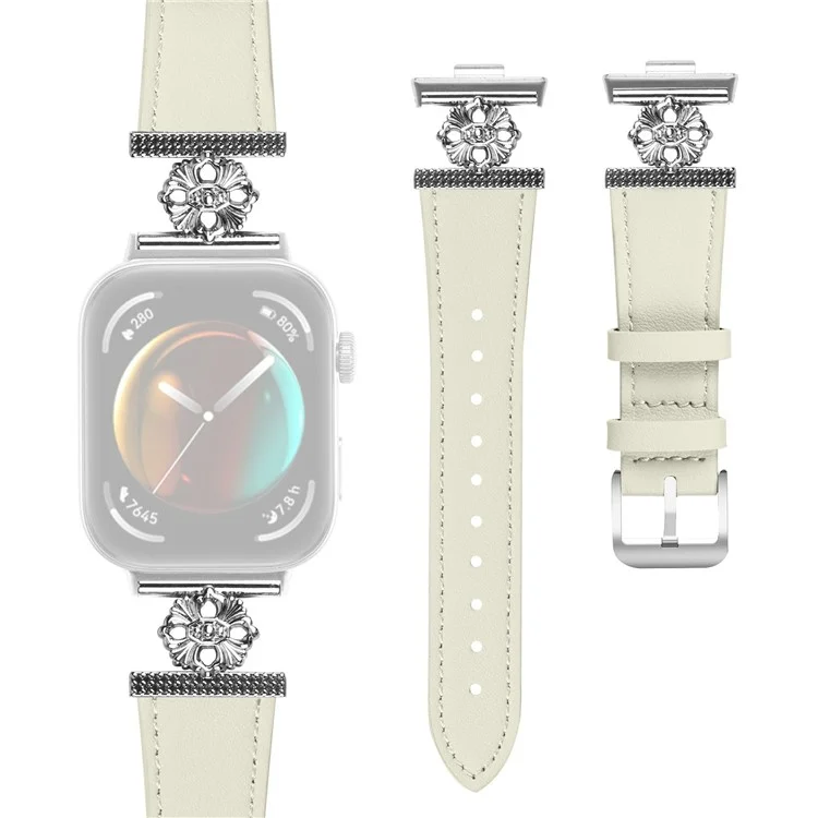 Per Huawei Watch Fit 3 Watch Band Genuine Cow Leather Flower Decor Adjustable Strap - Bianco