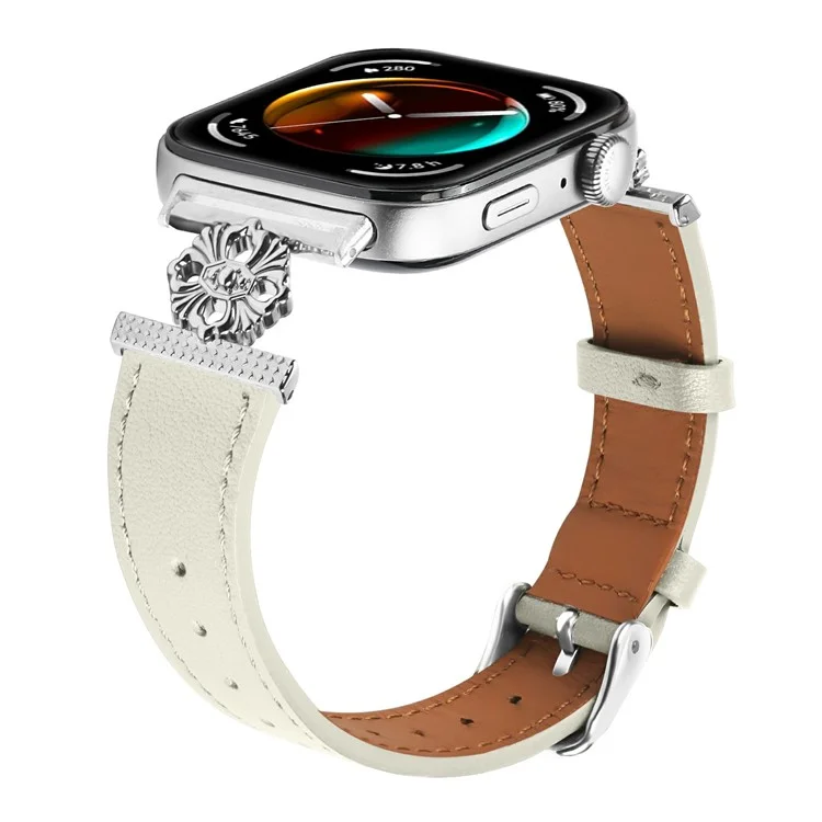 Per Huawei Watch Fit 3 Watch Band Genuine Cow Leather Flower Decor Adjustable Strap - Bianco