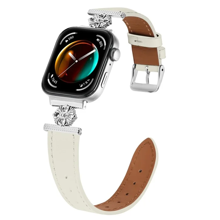 Per Huawei Watch Fit 3 Watch Band Genuine Cow Leather Flower Decor Adjustable Strap - Bianco