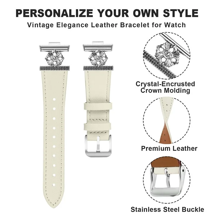 Per Huawei Watch Fit 3 Watch Band Genuine Cow Leather Flower Decor Adjustable Strap - Bianco