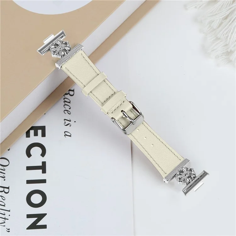Per Huawei Watch Fit 3 Watch Band Genuine Cow Leather Flower Decor Adjustable Strap - Bianco