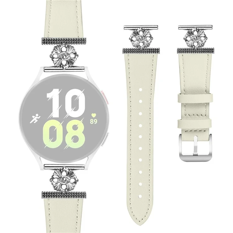 For Samsung Gear Sport / Gear S2 Classic Watch Band Genuine Cow Leather Flower Decor Adjustable Strap - White