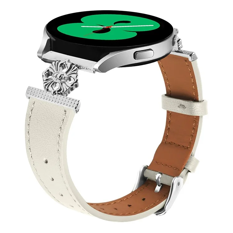 For Samsung Gear Sport / Gear S2 Classic Watch Band Genuine Cow Leather Flower Decor Adjustable Strap - White