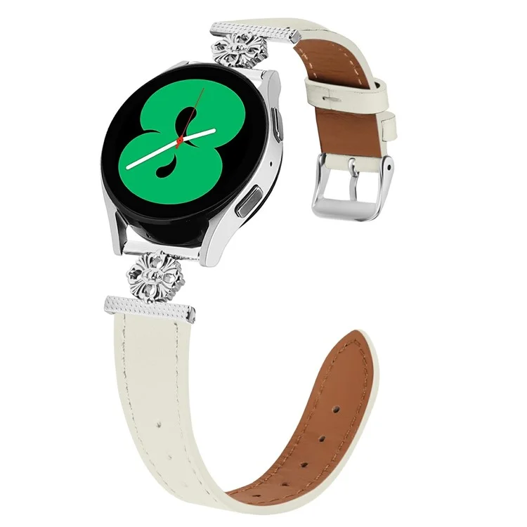 For Samsung Gear Sport / Gear S2 Classic Watch Band Genuine Cow Leather Flower Decor Adjustable Strap - White