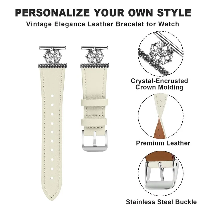 For Samsung Gear Sport / Gear S2 Classic Watch Band Genuine Cow Leather Flower Decor Adjustable Strap - White