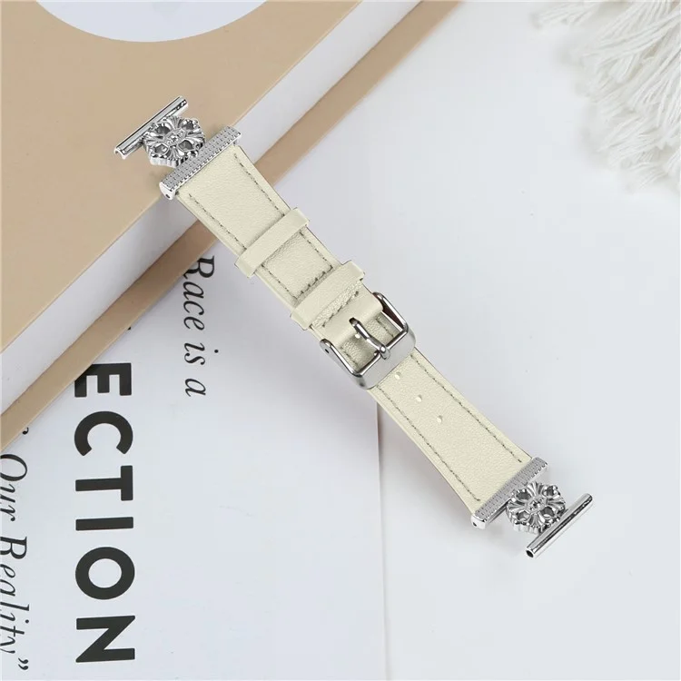 For Samsung Gear Sport / Gear S2 Classic Watch Band Genuine Cow Leather Flower Decor Adjustable Strap - White