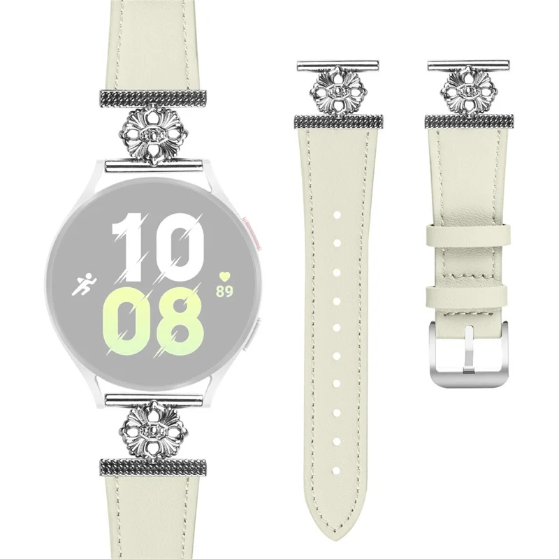 Pour Samsung Galaxy Watch Active2 44mm / 40mm Bracelet de montre en cuir véritable de vache Décoration florale Bracelet réglable - Blanc