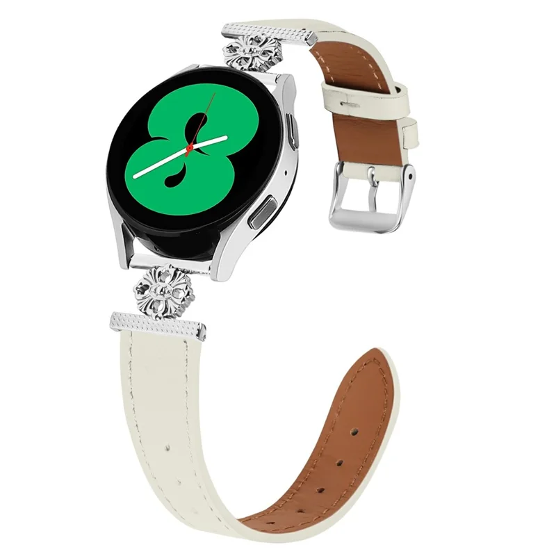 Pour Samsung Galaxy Watch Active2 44mm / 40mm Bracelet de montre en cuir véritable de vache Décoration florale Bracelet réglable - Blanc