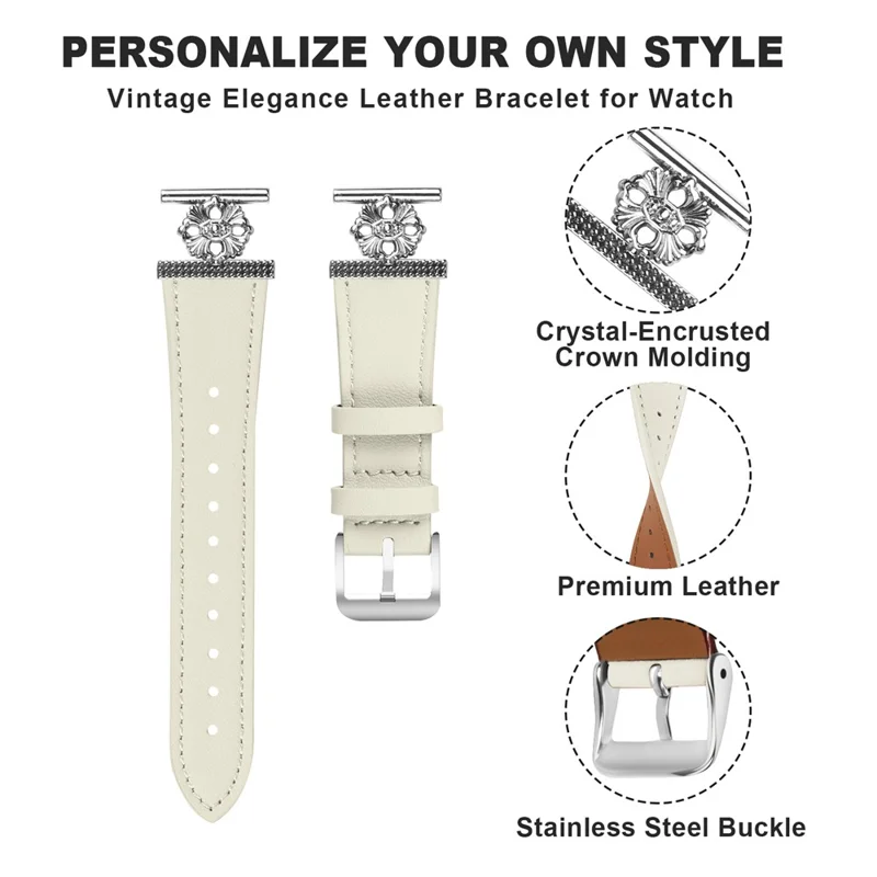 Per Garmin Instinct 2S Watch Band Genuine Cow Leather Flower Decor Adjustable Strap - Bianco