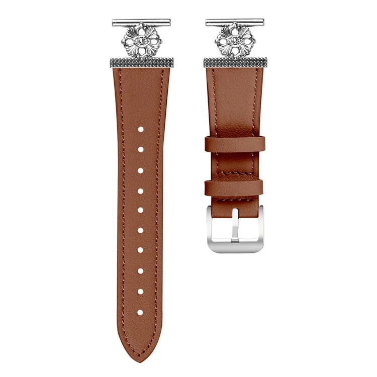 Para Garmin Vivomove Luxe / Garminmove Luxe Watch Band Genuine Cow Leather Flower Decor Adjustable Strap - Brown