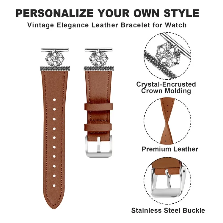 Para Garmin Vivomove Luxe / Garminmove Luxe Watch Band Genuine Cow Leather Flower Decor Adjustable Strap - Brown