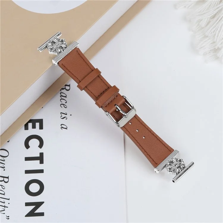 Para Garmin Vivomove Luxe / Garminmove Luxe Watch Band Genuine Cow Leather Flower Decor Adjustable Strap - Brown
