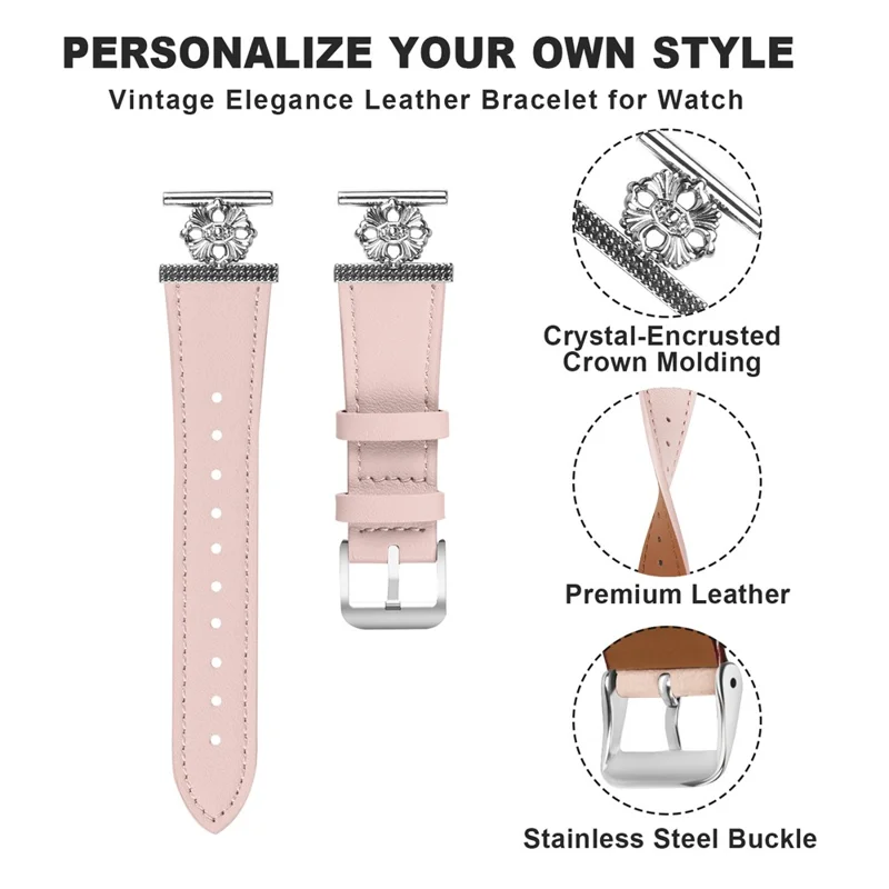 For GarminMove Style / Vivomove Style Watch Band Genuine Cow Leather Flower Decor Adjustable Strap - Pink