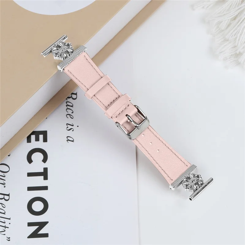 For GarminMove Style / Vivomove Style Watch Band Genuine Cow Leather Flower Decor Adjustable Strap - Pink