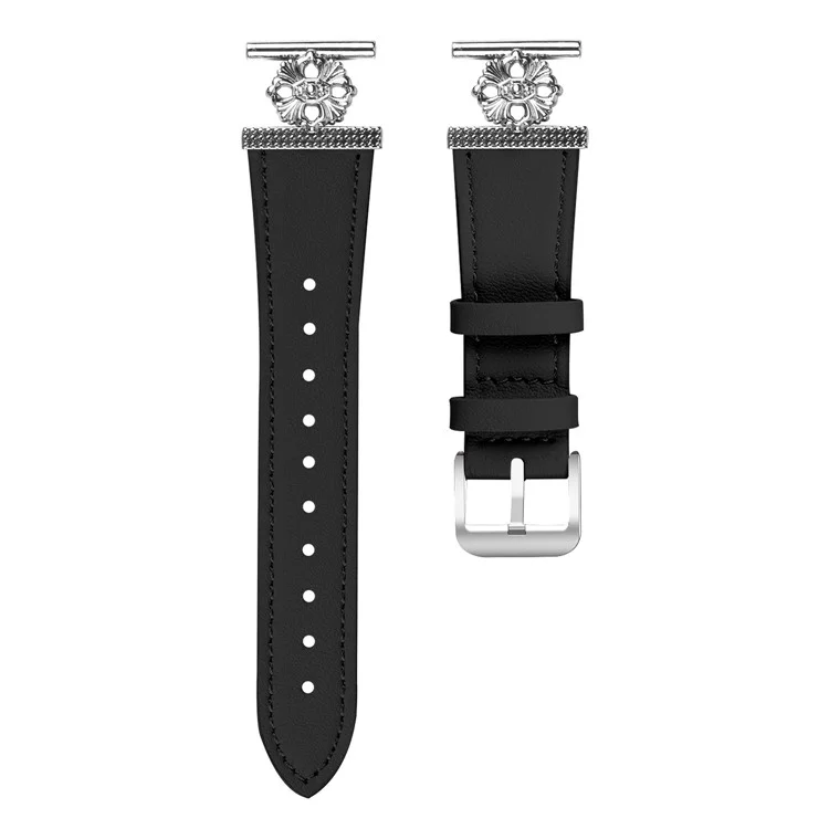 For Garmin Forerunner 55 / Venu Watch Band Genuine Cow Leather Flower Decor Adjustable Strap - Black
