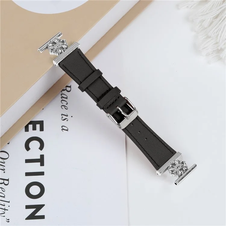 For Garmin Forerunner 55 / Venu Watch Band Genuine Cow Leather Flower Decor Adjustable Strap - Black