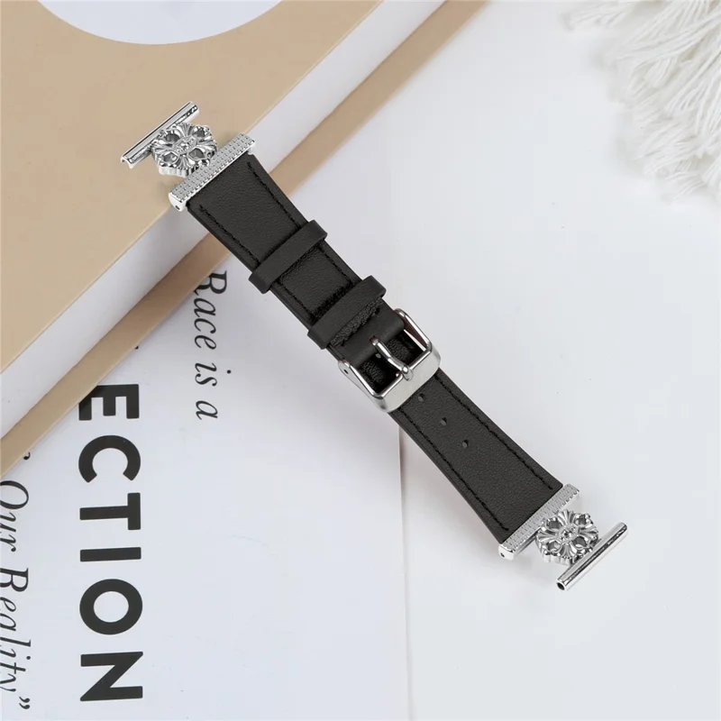 For Garmin Vivomove Trend / Venu Sq 2 Watch Band Genuine Cow Leather Flower Decor Adjustable Strap - Black