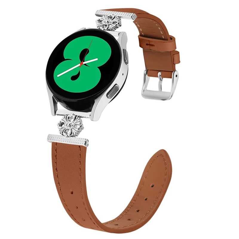 حزام ساعة لـ Garmin vivoactive 5 / Garminactive 5 من جلد البقر الطبيعي مع زخرفة على شكل زهرة وحزام قابل للتعديل - بني