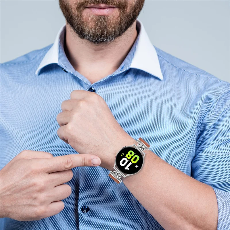 حزام ساعة لـ Garmin vivoactive 5 / Garminactive 5 من جلد البقر الطبيعي مع زخرفة على شكل زهرة وحزام قابل للتعديل - بني