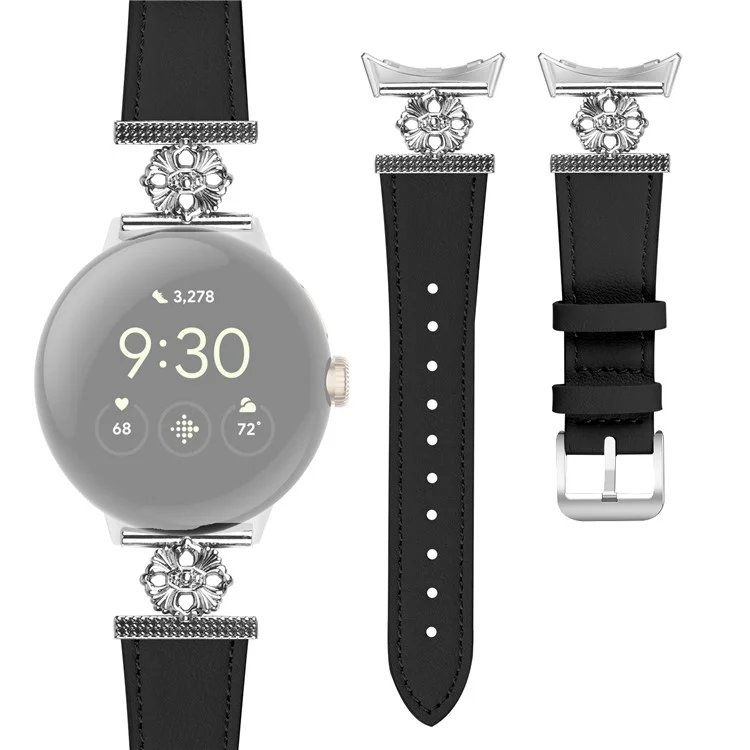 Para o Google Pixel Watch 2 Watch Band Genuine Cow Leather Flower Decor Adjustable Strap - Preto