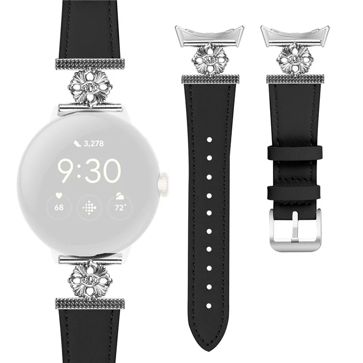 Pour Google Pixel Watch 3 41mm / Watch 2 / Pixel Watch Genuine Cow Leather Band Flower Decor Adjustable Strap - Noir