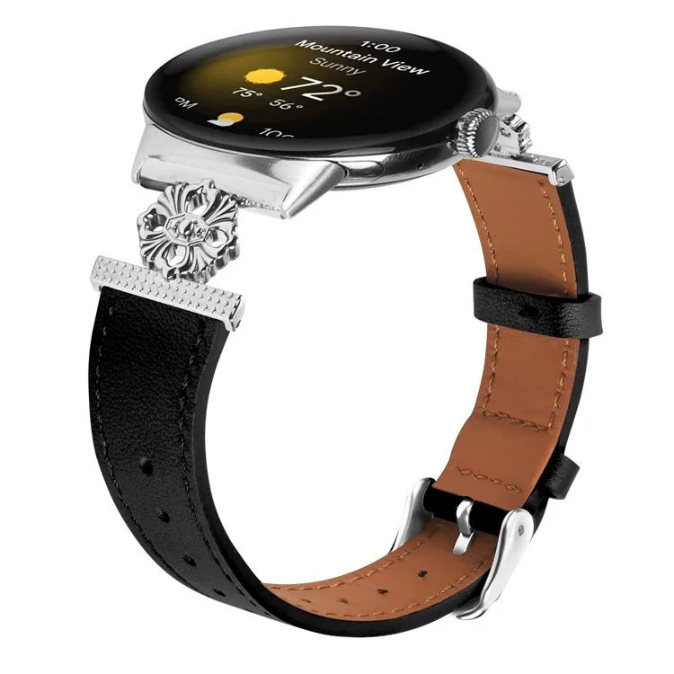 Pour Google Pixel Watch 3 41mm / Watch 2 / Pixel Watch Genuine Cow Leather Band Flower Decor Adjustable Strap - Noir