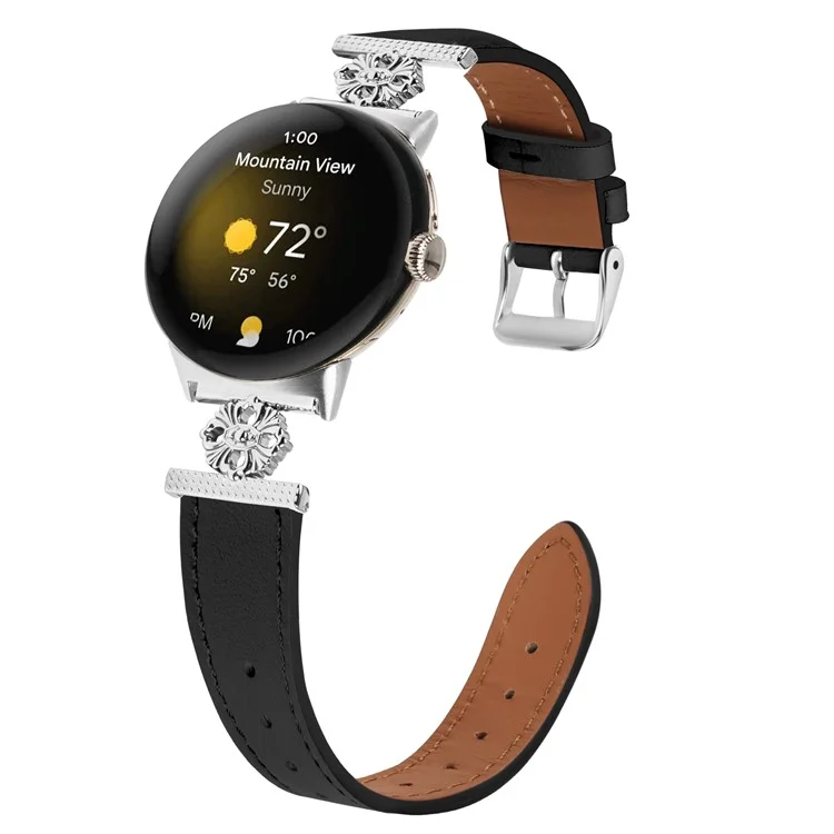 Pour Google Pixel Watch 3 41mm / Watch 2 / Pixel Watch Genuine Cow Leather Band Flower Decor Adjustable Strap - Noir