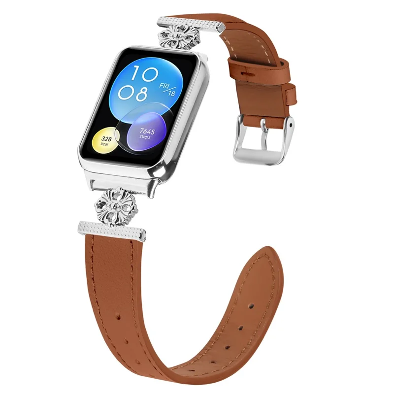 Per Xiaomi Smart Band 8 Pro Watch Band Genuine Cow Leather Flower Decor Adjustable Strap - Marrone