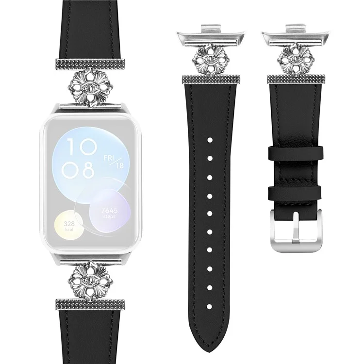Für Xiaomi Redmi Watch 4 Uhrenarmband Echtes Rindsleder Blumendekoration Verstellbar - Schwarz