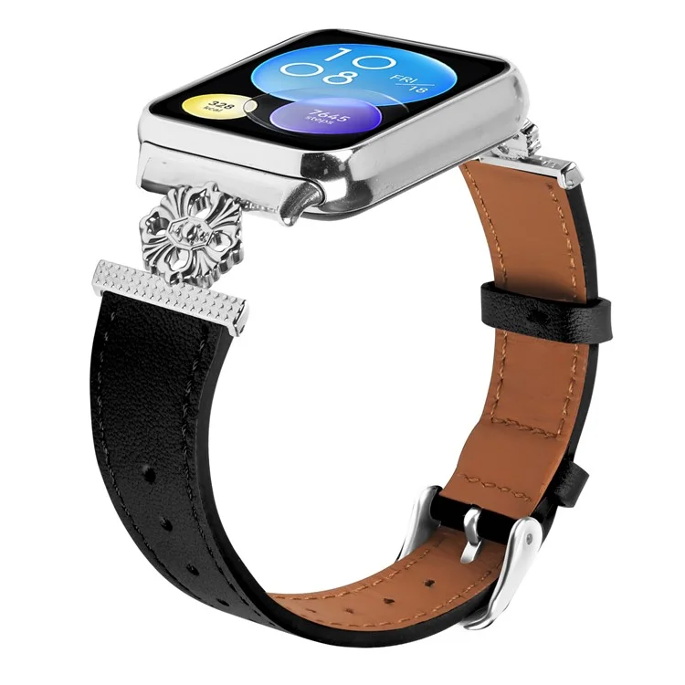 Für Xiaomi Redmi Watch 4 Uhrenarmband Echtes Rindsleder Blumendekoration Verstellbar - Schwarz