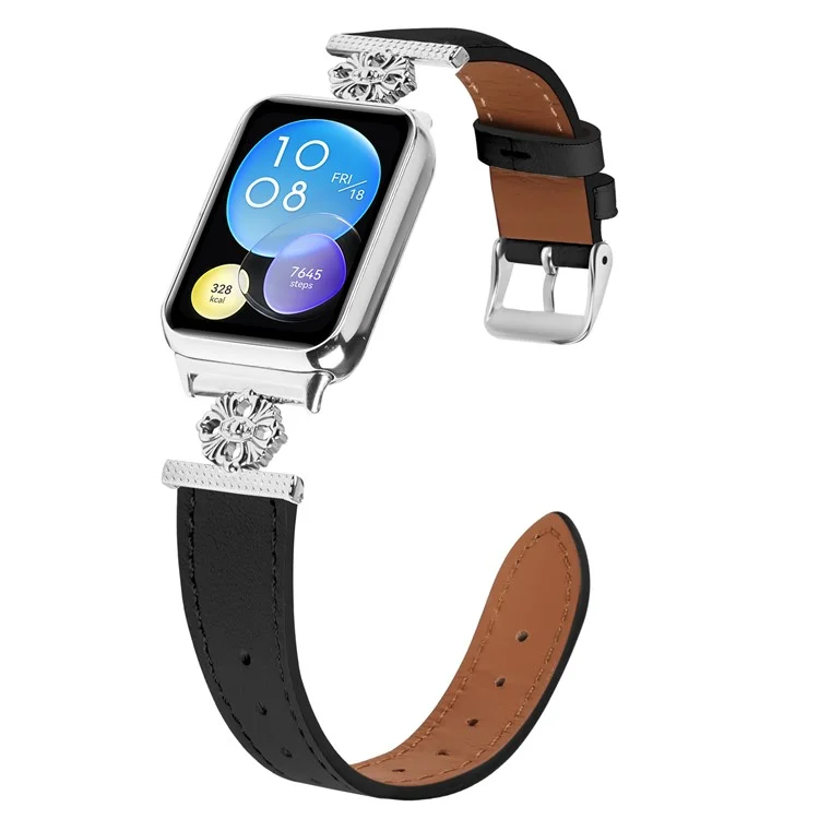 Für Xiaomi Redmi Watch 4 Uhrenarmband Echtes Rindsleder Blumendekoration Verstellbar - Schwarz