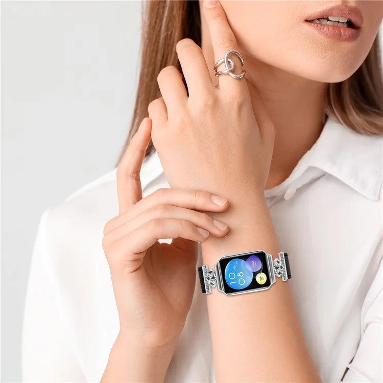 Für Xiaomi Redmi Watch 4 Uhrenarmband Echtes Rindsleder Blumendekoration Verstellbar - Schwarz