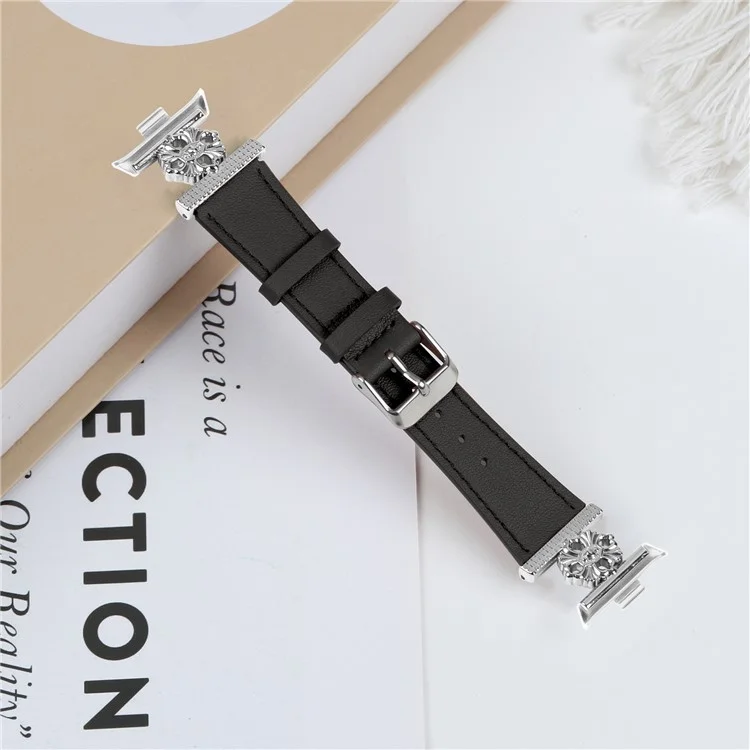 Für Xiaomi Redmi Watch 4 Uhrenarmband Echtes Rindsleder Blumendekoration Verstellbar - Schwarz