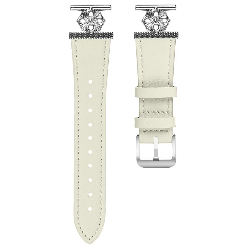 For TicWatch E Watch Band Genuine Cow Leather Flower Decor Adjustable Strap - White