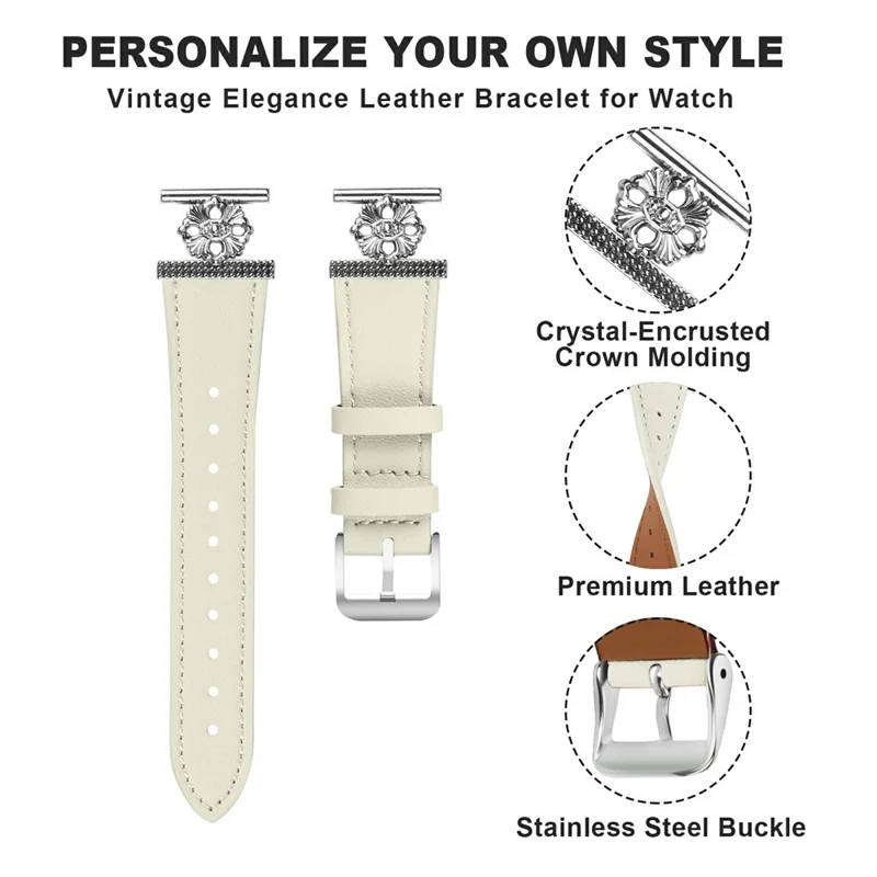 For TicWatch E Watch Band Genuine Cow Leather Flower Decor Adjustable Strap - White