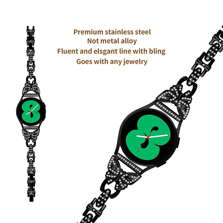 Para Galaxy Watch7 da Samsung de 44mm / 40mm Butterfly Bling Rhinestone Decor Watch Band Metal Bracelet - Preto