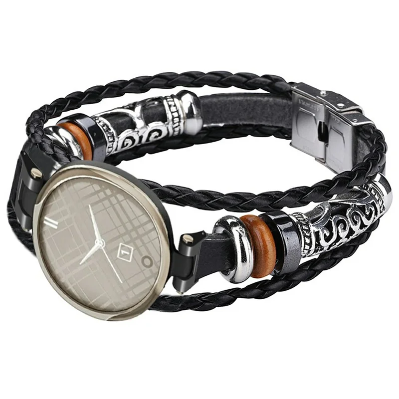For Garmin Lily Ethnic Band Bracelet Leather+Metal Wrist Strap with Tool - Black