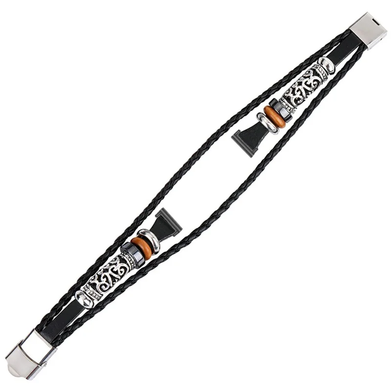 For Garmin Lily 2 Ethnic Band Bracelet Leather+Metal Wrist Strap - Black