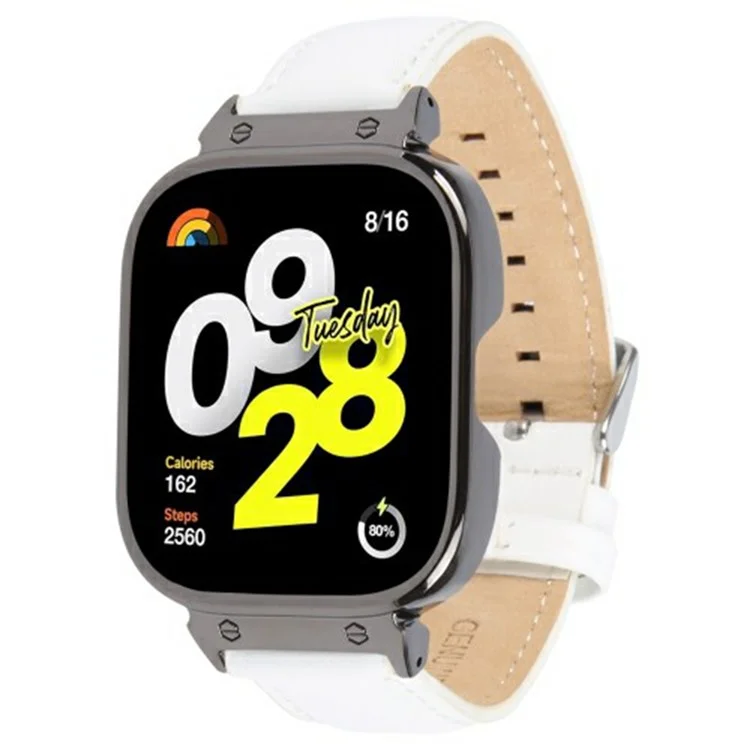 For Xiaomi Redmi Watch 4 Genuine Cow Leather Replacement Strap with Black Metal Watch Case - White