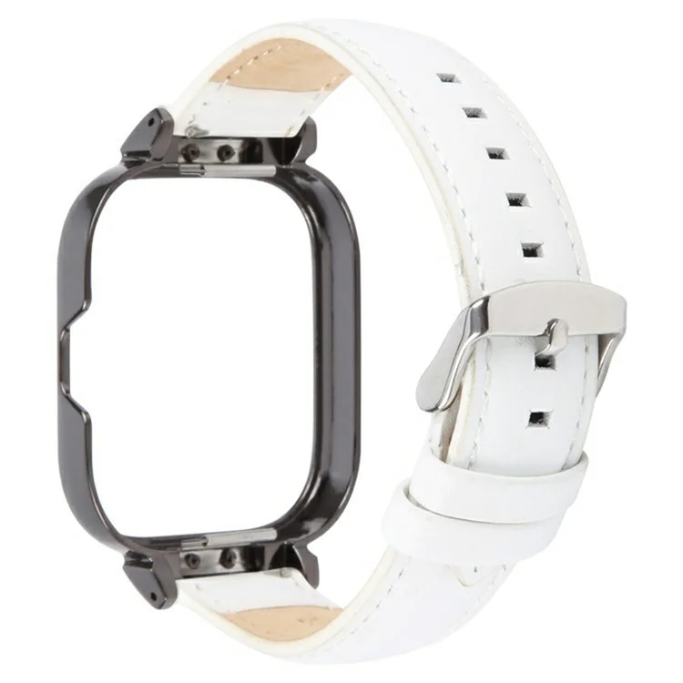 For Xiaomi Redmi Watch 4 Genuine Cow Leather Replacement Strap with Black Metal Watch Case - White
