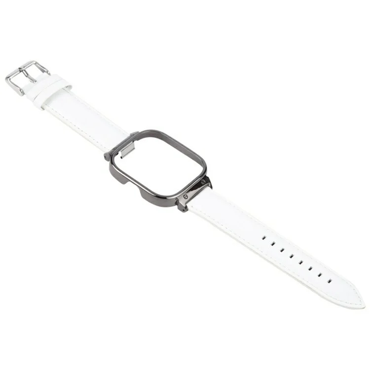 For Xiaomi Redmi Watch 4 Genuine Cow Leather Replacement Strap with Black Metal Watch Case - White