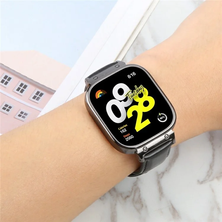 For Xiaomi Redmi Watch 4 Genuine Cow Leather Replacement Strap with Black Metal Watch Case - White