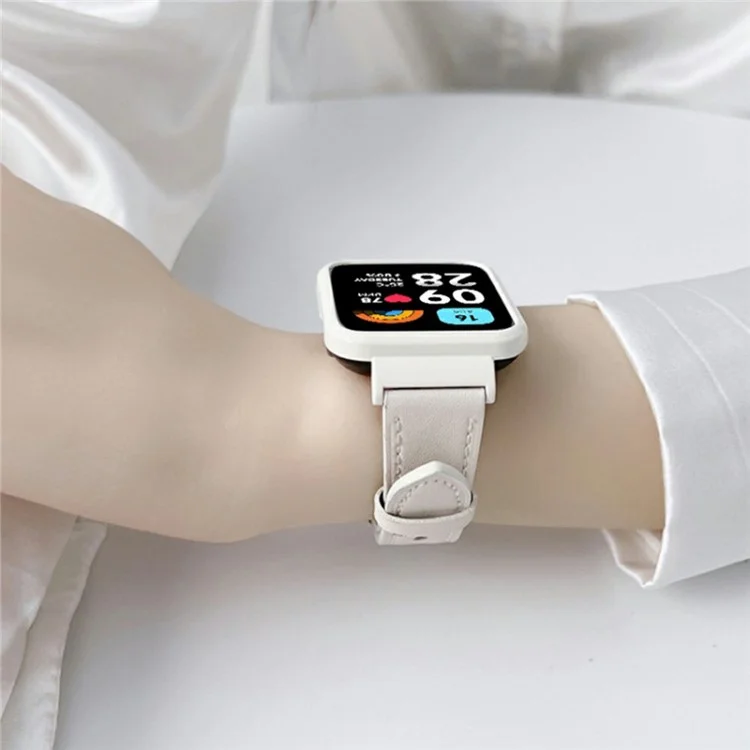 Pour Xiaomi Redmi Watch 3 Lite Remplacement de sangle en cuir de vache de couche supérieure avec boîtier de montre en métal - Blanc