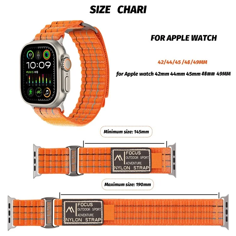 KALEBOL Nylon Sport Band для Apple Watch Series 10 46 мм / Ultra 2 Ultra 49 мм / 9 8 7 45 мм / SE (2023) SE (2022) SE 6 5 4 44 мм / 3 2 1 42 мм - оранжевый