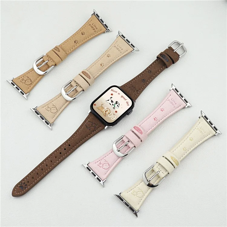 Cartoon Dog Leather Strap for Apple Watch Series 10 42mm  /  9 8 7 41mm  /  SE (2023) SE (2022) SE 6 5 4 40mm  /  3 2 1 38mm - Dark Brown