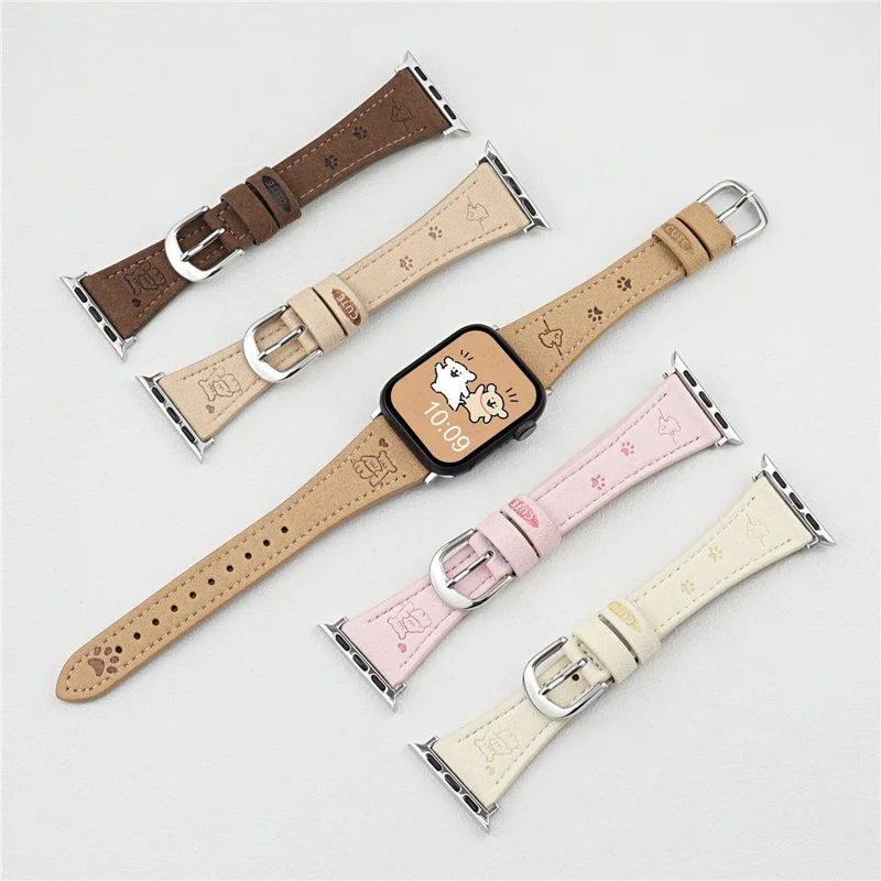 Puppy Paw Pattern Leather Strap for Apple Watch Series 10 9 8 7 SE 6 5 4 3 2 1 42mm 41mm 40mm 38mm - Dark Brown
