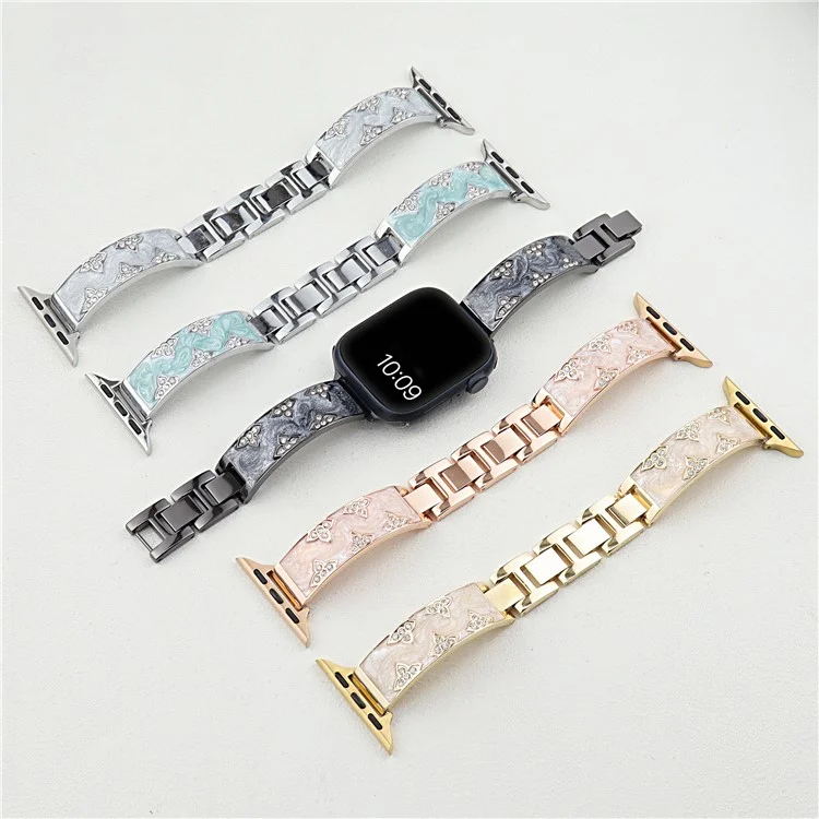 Rhinestone Leaves Metal Strap for Apple Watch 10 46mm / Ultra 2 / Ultra 49mm  /  9 8 7 45mm / SE (2023) SE (2022) SE 6 5 4 44mm / 3 2 1 42mm - Black