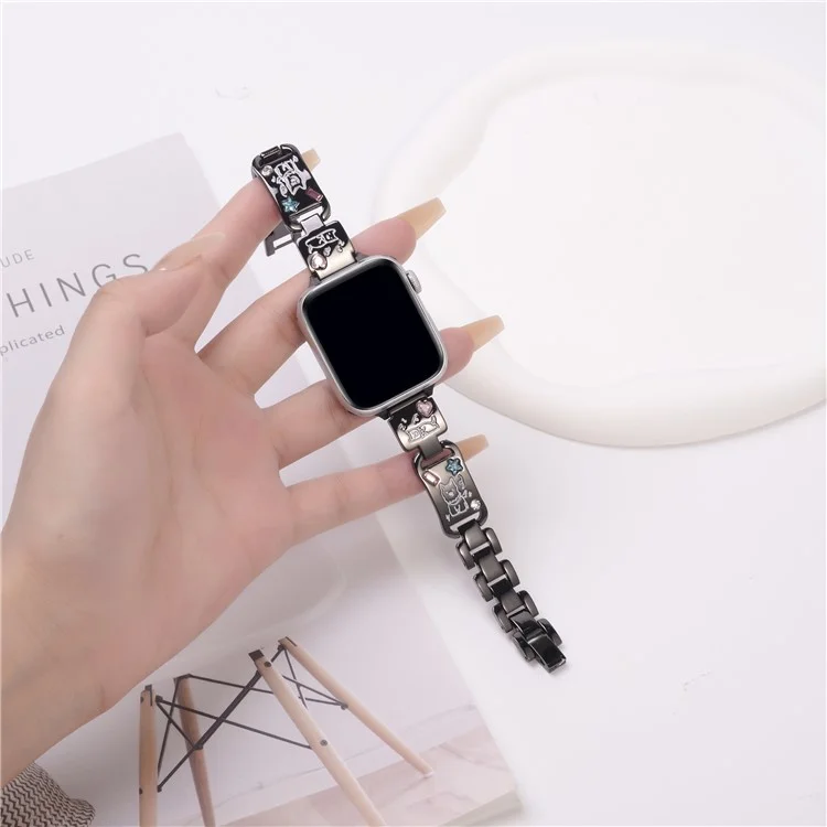 Metal Strap for Apple Watch Series 10 9 8 7 SE 6 5 4 3 2 1 42mm 41mm 40mm 38mm Watch Band Dog Pattern - Black