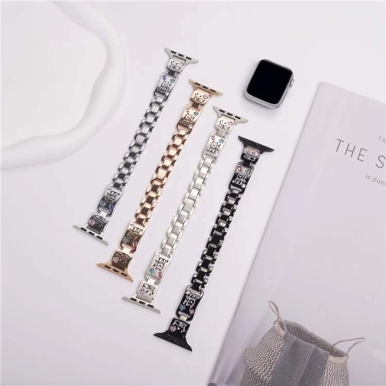 Metal Strap for Apple Watch Series 10 9 8 7 SE 6 5 4 3 2 1 42mm 41mm 40mm 38mm Watch Band Dog Pattern - Black